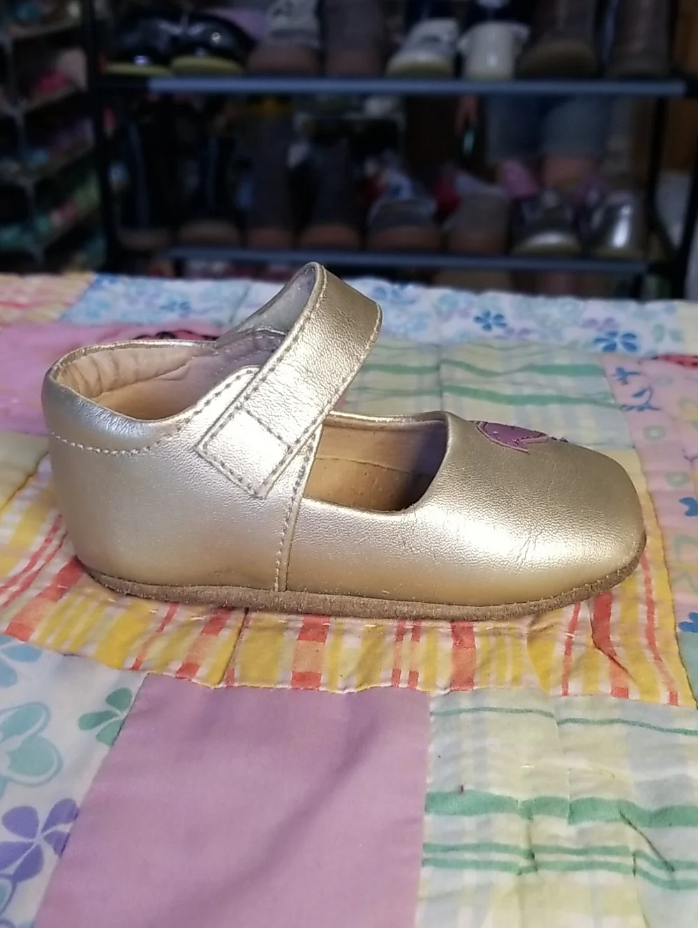 Livie & Luca Metallic Gold Leather Mary Janes with Purple Bird 12-18 Month Pio